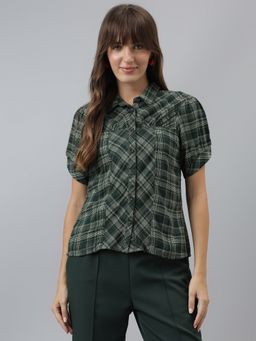 Latin Quarters - Women Green Casual Half Sleeves Checks Shirt