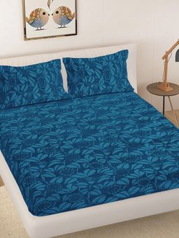 FABINALIV - Teal Floral Woollen Embosed Double Bedsheet with 2 Pillow Covers (King)