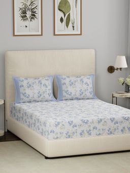 Maspar - Blue 200TC Cotton Floral Print Bedsheet with 2 Pillow Covers
