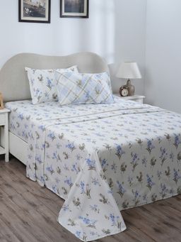 Maspar - White 300TC Cotton Floral Print Bedsheet with 2 Pillow Covers (King)