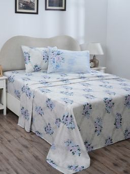 Maspar - Blue 300TC Cotton Floral Print Bedsheet with 2 Pillow Covers (King)