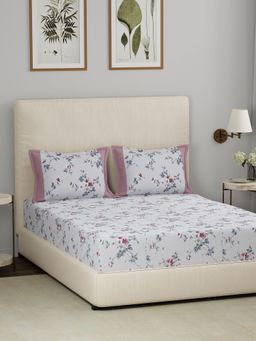 Maspar - Pink 300TC Cotton Floral Print Bedsheet with 2 Pillow Covers (King)