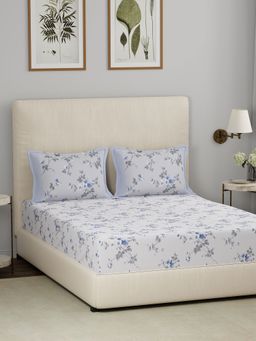 Maspar - Blue 300TC Cotton Floral Print Bedsheet with 2 Pillow Covers