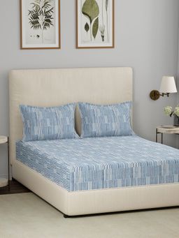 Maspar - Blue 144TC Cotton Geometric Print Bedsheet with 2 Pillow Covers (King)