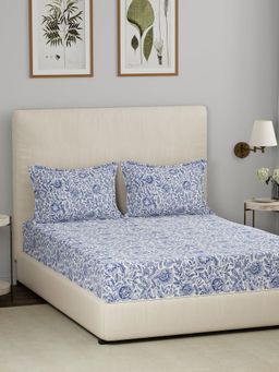 Maspar - Blue 144TC Cotton Floral Print Bedsheet with 2 Pillow Covers (King)