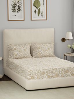 Maspar - Yellow 144TC Cotton Floral Print Bedsheet with 2 Pillow Covers (King)