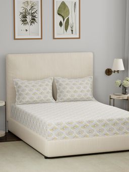 Maspar - Yellow 144TC Cotton Geometric Print Bedsheet with 2 Pillow Covers (King)
