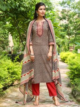 PIROH - Womens Cotton Regular Print Straight Kurta Pant Dupatta Black (Set of 3)