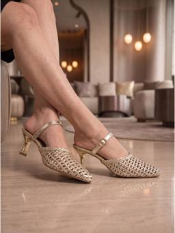 SHOE BEE - Women Gold-Toned Woven Pointed-Toe Buckled Mules Heels