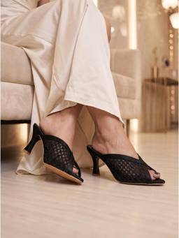 SHOE BEE - Women Black Woven Net Open-Toe Sandals Heels