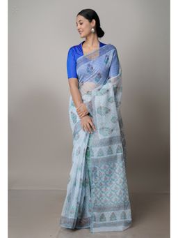 Unnati Silks - Grey Pure Block Printed Kota Cotton Saree with Unstitched Blouse
