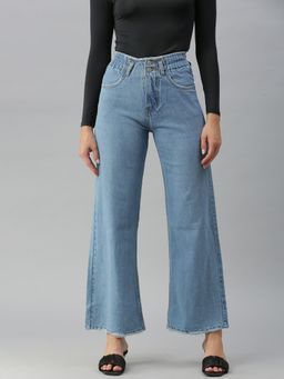 SHOWOFFFF - Women Low Distress Blue Wide Leg Denim Jeans