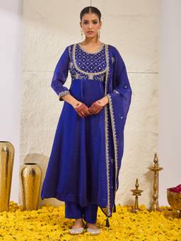 MOKOSH - Women Royal Blue Embroidered Silk Anarkali Kurta with Pant and Dupatta