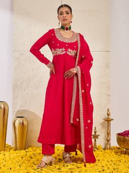 MOKOSH - Women Red Embroidered Silk Anarkali Kurta with Pant and Dupatta