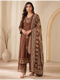 Jaipur Kurti - Brown Floral Printed Kurta and Palazzo with Dupatta