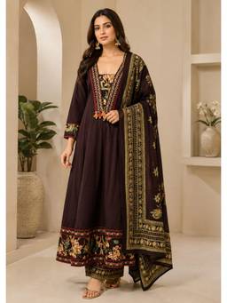 Jaipur Kurti - Brown Embroidered Anarkali Kurta and Palazzo with Dupatta