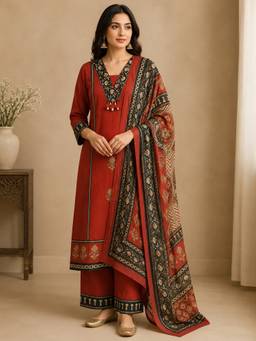 Jaipur Kurti - Rust Printed Kurta and Palazzo with Dupatta