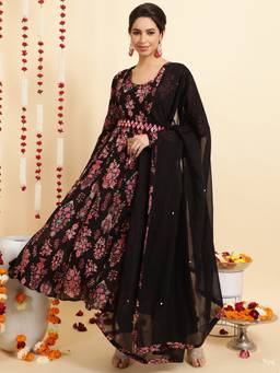 Jaipur Kurti - Black Floral Embroidered A-Line Chinon Kurta with Pant and Dupatta