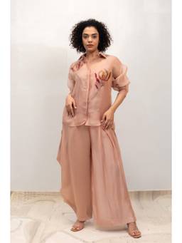 EEDA - Peach Embroidered Shirt and Pant and Slip