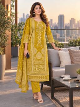 BERRYLICIOUS - Yellow Cotton Mirror Printed Kurta with Pant and Dupatta