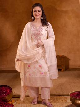 Jaipur Kurti - Women Embroidered Cream Straight Kurta with Pant and Dupatta