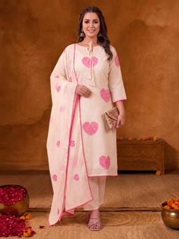 Jaipur Kurti - Women Floral Embroidered Off White Straight Kurta with Pant and Dupatta