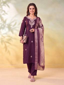 Jaipur Kurti - Women Embroidered Wine Straight Kurta with Pant and Dupatta
