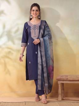 Jaipur Kurti - Women Embroidered Navy Blue Straight Kurta with Pant and Dupatta