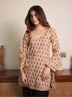 KRUTICO - Diya Beige Printed Handblock Cotton Short Kurti