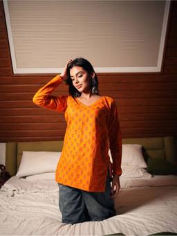KRUTICO - Madhu Orange Printed Cotton Short Kurti