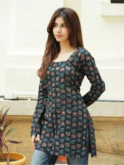 KRUTICO - Meera Black Bagru Print Short Kurti