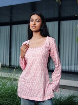 KRUTICO - Sehmat Pink Cotton Ikat Printed Short Kurti