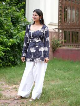 KRUTICO - Navy Blue Palm Tree Print Kurta with Farshi Salwar