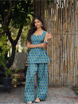 KRUTICO - Teal Rukhsar Two Piece Kurta with Farshi Salwar