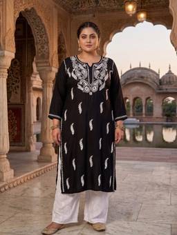 Khaka-The Chikankari Heritage - Black Women Modal Chikankari Embroidered Plus Size Kurta