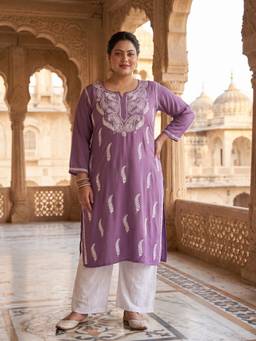 Khaka-The Chikankari Heritage - Lavender Women Modal Chikankari Embroidered Plus Size Kurta
