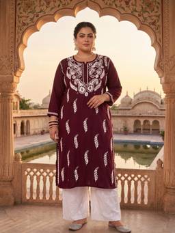Khaka-The Chikankari Heritage - Wine Women Modal Chikankari Embroidered Plus Size Kurta