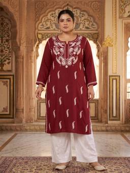 Khaka-The Chikankari Heritage - Maroon Women Modal Chikankari Embroidered Plus Size Kurta