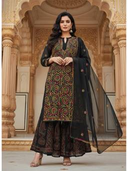 Khaka-The Chikankari Heritage - Black Women Chiffon Lucknowi Chikankari Kurta with Stole & Slip