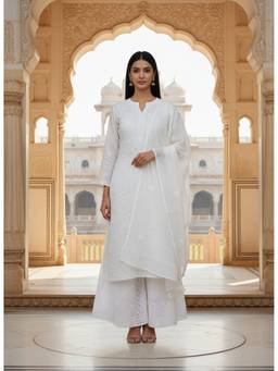 Khaka-The Chikankari Heritage - White Women Chiffon Lucknowi Chikankari Kurta with Stole & Slip