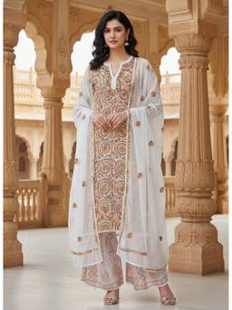 Khaka-The Chikankari Heritage - Multi-Color Chiffon Lucknowi Chikankari Kurta with Stole & Slip
