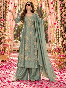 BERRYLICIOUS - Green Tissue Embroidered Kurta with Palazzo and Dupatta