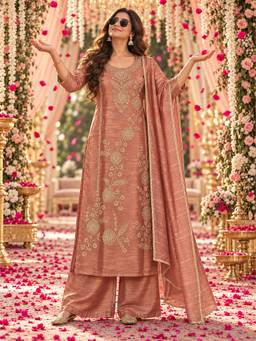 BERRYLICIOUS - Peach Tissue Embroidered Kurta with Palazzo and Dupatta