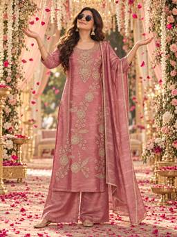 BERRYLICIOUS - Pink Tissue Embroidered Kurta with Palazzo and Dupatta