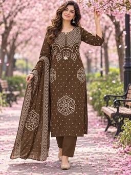 BERRYLICIOUS - Brown Bandhani Printed Kurta with Pant and dupatta