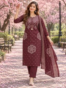 BERRYLICIOUS - Maroon Bandhani Printed Kurta with Pant and dupatta