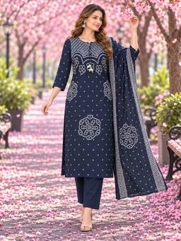 BERRYLICIOUS - Navy Blue Bandhani Printed Kurta with Pant and dupatta