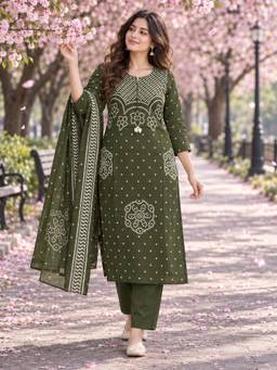 BERRYLICIOUS - Olive Bandhani Printed Kurta with Pant and dupatta