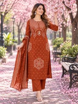 BERRYLICIOUS - Rust Bandhani Printed Kurta with Pant and dupatta