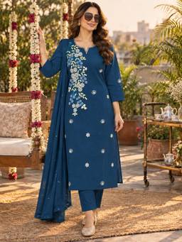 BERRYLICIOUS - Blue Cotton Embroidered Kurta with Pant and Dupatta